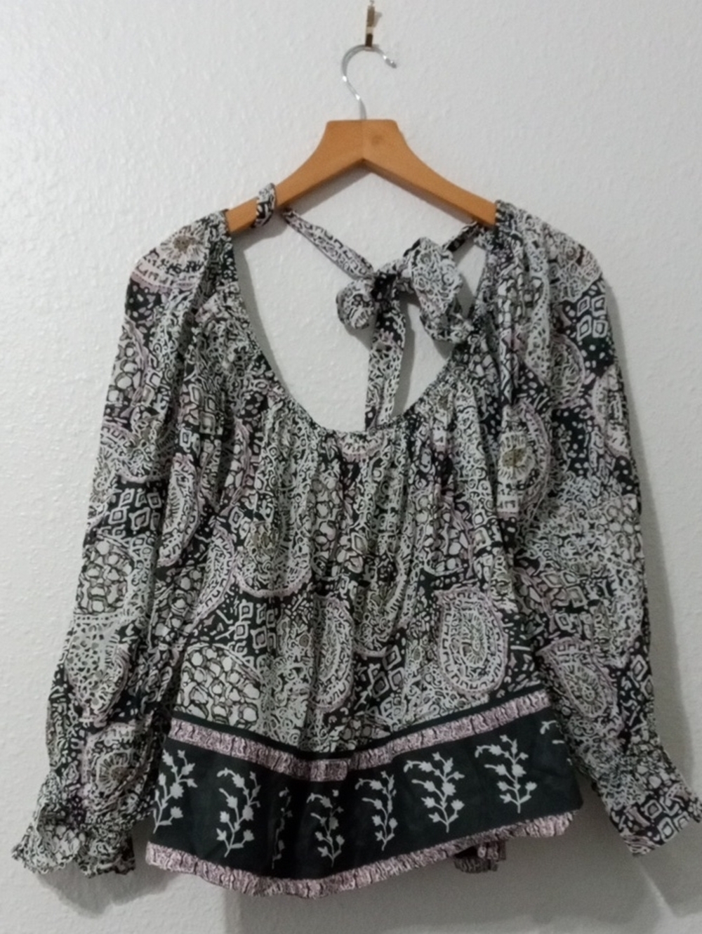 Cleobella Black & Ivory Paisley Tie-Back Peasant Blouse, Anna, NEW WITH TAGS - Picture 3 of 7